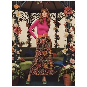 Vintage 70s Psychedelic Maxi Skirt Womens M Black Floral Waist Boho Hippie MOD